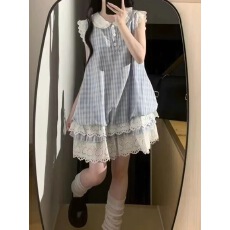 批发甜美小飞袖蓝色连衣裙女夏季奶甜妹<b class='q'>可爱</b>短裙蕾丝拼接蛋糕裙子