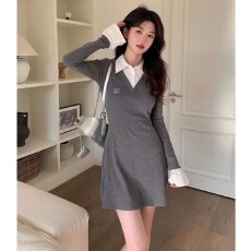 批发韩系学院风撞色polo领衬衫<b class='q'>连衣裙</b>女秋季辣妹修身收腰短裙