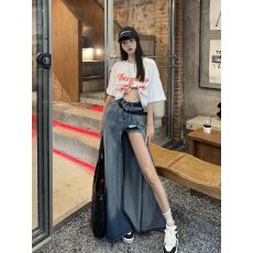 批发韩系显高显瘦不规则A字复古半身裙设计感ins撞色<b class='q'>性感</b>高开叉牛仔裙