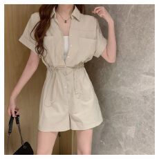 批发韩系设计感收腰工装<b class='q'>连体</b>裤女夏新款短袖衬衫+宽松阔腿短裤<b class='q'>连体</b>衣
