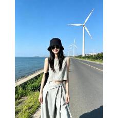 批发2026夏季新款韩系休闲风无袖高级感上衣高腰显瘦系带阔腿<b class='q'>裤</b>