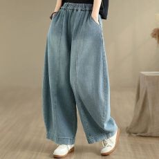 批发文艺高腰秋季<b class='q'>哈伦</b><b class='q'>牛仔</b>裤女松紧腰薄款阔腿宽松遮肉显瘦休闲弯刀裤
