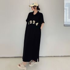 批发韩版宽松休闲印花睡裙夏季新款翻领<b class='q'>气质</b>显瘦短袖过膝长款连衣长裙