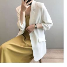 批发雪纺小西装<b class='q'>外套</b>女薄款夏季垂感宽松网红休闲<b class='q'>中长款</b>白色西服上衣