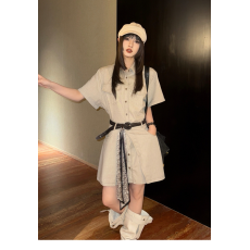 批发呆毛 复古工装短袖衬衫裙女夏季系带收腰短款a字连衣裙屁帘套装