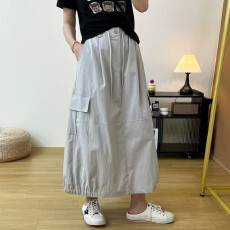 批发时髦休闲花苞式A字工装半裙女2026<b class='q'>春</b>季新款后开叉口袋抽绳中长裙