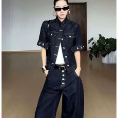 批发复古单排扣牛仔<b class='q'>短</b>袖外套阔腿裤套装女夏季时尚高级感学院风穿搭潮