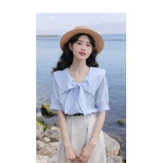 批发<b class='q'>短袖</b>衬衫<b class='q'>女</b>2026夏季设计感小众蓝色衬衣高级感法式蝴蝶结别致上衣