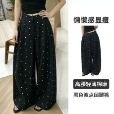 批发夏季新款韩系复古黑色波点弯刀<b class='q'>阔腿裤</b>女大码宽松慵懒显瘦休闲<b class='q'>裤</b>