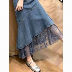 批发<b class='q'>夏</b>季新款设计感网红牛仔裙女蕾丝花边拼接鱼尾裙高腰显瘦气质长裙