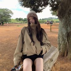 韩系新款英伦风气质立领风衣外套女秋季双排扣卡其色宽松百搭上衣
