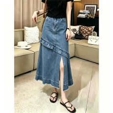 批发2026夏季新款复古高腰牛仔<b class='q'>半身裙</b>女小众开叉设计感百搭中长款裙子