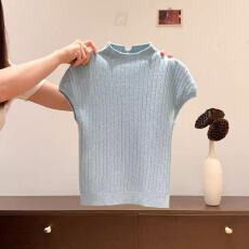 批发法式白色半高领短袖针织衫女2026<b class='q'>春</b>季设计感竖坑条修身显瘦打底衫