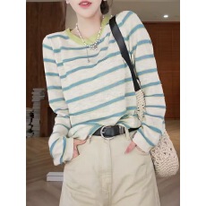 批发撞色圆领条纹针织长袖<b class='q'>t</b><b class='q'>恤</b>女2026春夏季新款时尚宽松休闲百搭上衣