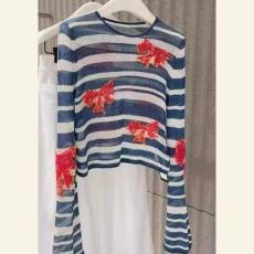 批发2025夏季新款蓝色条纹提花套头针织衫百搭洋气上衣打底上长袖<b class='q'>T</b><b class='q'>恤</b>