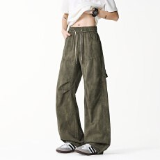 批发纯棉2026春秋新款阔腿裤<b class='q'>美式</b><b class='q'>休闲</b>百搭弯刀男裤少年感直筒抽绳裤子