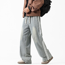 批发新款阔腿牛仔裤长裤春款复古裤子宽松直筒休闲条纹<b class='q'>男裤</b>