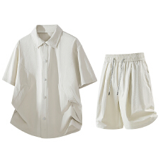 批发美式潮流风短袖<b class='q'>衬衫</b>男夏季潮牌宽松翻领百搭上衣短裤<b class='q'>运动</b>两件套装