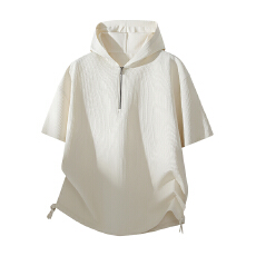 批发潮流宽松百搭连帽上衣半拉链短袖T恤男2026夏季新款透气款