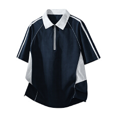 美式polo衫短袖男夏装2026新款半拉链宽松翻领五分袖T恤上衣薄款