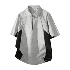 潮牌美式短袖t恤男生夏季重磅撞色拼接半䄂男款上衣半拉链