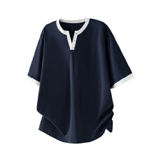 批发2026夏季新款V领短袖T恤男休闲宽松百搭拼色上衣