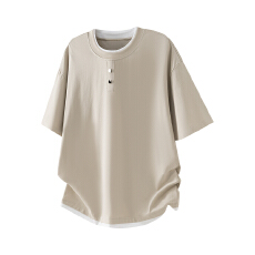 批发美式假两件复古圆领T恤男夏季2026新款宽松休闲运动上衣