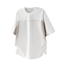 批发美式休闲拼接短袖T恤宽松百搭透气上衣落肩宽松型上衣
