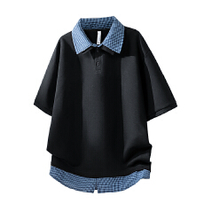 批发假两件格子拼接POLO衫短袖男夏季宽松百搭<b class='q'>休闲</b>翻领半袖T恤上衣