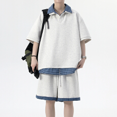 批发美式假两件POLO衫短袖套装男士<b class='q'>夏</b>季薄款2026新款宽松休闲一整套