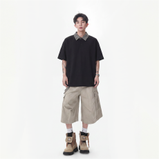 夏季新款格纹领拼接假两件polo宽松落肩休闲男T恤透气上衣