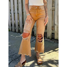 批发跨境欧美半橡筋破洞<b class='q'>女</b>士<b class='q'>牛仔裤</b>毛边无弹休闲<b class='q'>女</b>式九分裤