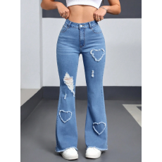 批发跨境欧美<b class='q'>女</b>装弹力心形图案破洞喇叭裤原始<b class='q'>修剪</b>时尚休闲喇叭<b class='q'>牛仔裤</b>
