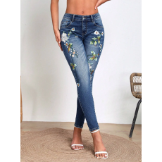 批发跨境欧美花盆刺绣紧身牛仔裤修身版型优雅<b class='q'>女</b>士弹力牛仔小脚裤