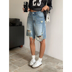 批发跨境外贸<b class='q'>欧美</b>女式牛仔破洞直筒五分<b class='q'>裤</b>牛仔<b class='q'>裤</b>