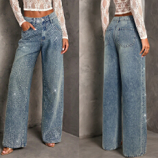 批发跨境外贸欧美女式水钻装饰直筒蓝色<b class='q'>牛仔裤</b>