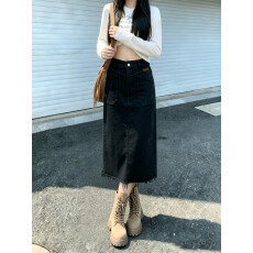 批发跨境<b class='q'>欧美</b>石磨水洗宽松休闲高腰弹力牛仔开叉半裙女
