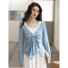 批发<b class='q'>大码</b>胖mm飘带假两件长袖t恤女2026年新款春季穿搭设计感上衣女