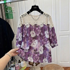 批发实拍 大码<b class='q'>蕾丝</b>拼接<b class='q'>娃娃衫</b>上衣女夏季胖mm宽松洋气遮肉碎花T恤小衫