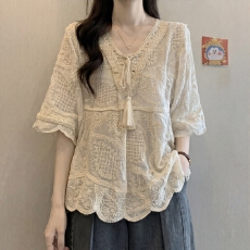 批发实拍  大码胖mm波西米亚风V领短袖蕾丝衫女款式显瘦度假风上衣夏
