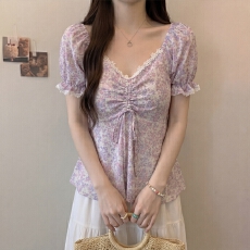 批发实拍  微胖大码韩系温柔碎花泡泡袖衬衫女夏季新款雪纺收腰上衣