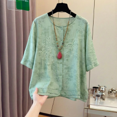 批发实拍  <b class='q'>大码</b>中老年妈妈夏装刺绣雪纺衬衫女宽松气质国风上衣薄款