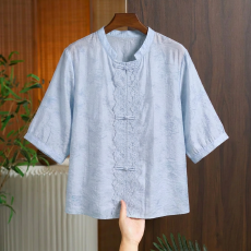 实拍  高端大码T恤女2026夏季新款中年妈妈国风刺绣衬衫气质宽松