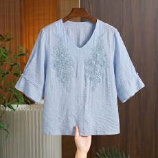 实拍  大码胖mm钉珠工艺刺绣衬衫女夏季薄款棉麻半袖上衣高级感