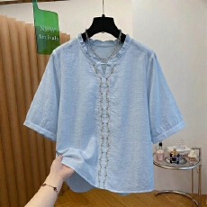 批发实拍  大码文艺气质五分袖衬衫女夏季百搭休闲款式棉麻上衣胖mm