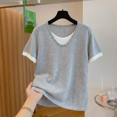 批发实拍  假两件短袖t恤女<b class='q'>夏</b>季薄款2026新款洋气大码胖mm高级感上衣