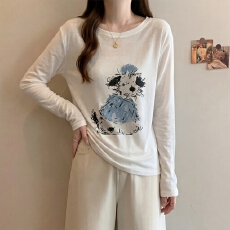 批发实拍  大码白色卡通小狗<b class='q'>长袖</b><b class='q'>T</b><b class='q'>恤</b>女夏季薄款胖mm防晒罩衫宽松上衣