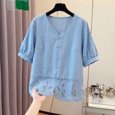 批发实拍 大码V领棉麻短袖<b class='q'>T</b><b class='q'>恤</b>女2026夏季宽松中老年<b class='q'>妈妈</b>雪纺气质上衣