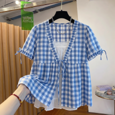 批发实拍  大码女装蓝色格子短袖衬衫女微胖mm显瘦藏肉假两件上衣夏季