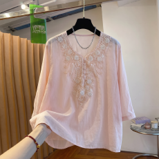 批发实拍  大码重工汉服串珠花边国风<b class='q'>七分袖</b>上衣女宽松V领防晒衬衣